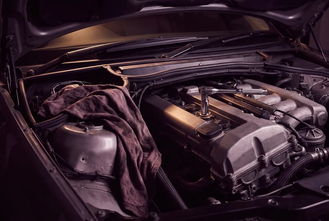 A close view into an engine bay under a raised hood, a socket seated square on a cam-cover bolt in a low warm light and a used shop rag creased over the strut tower, the hood's underside edge dark across the top of the frame.